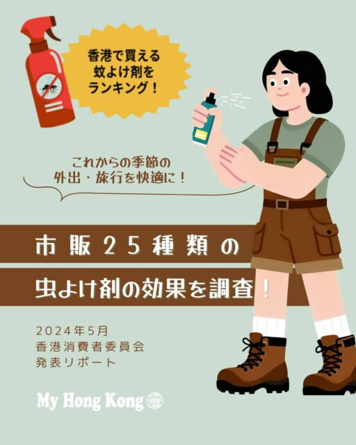 🦟香港消費者委員会が発表した「虫除け剤25種の効果比較」から注目ポイントをまとめました！夏の蚊対策や旅行時の選び方に役立ちます✨

🧪 ディート(DEET) 
最も高い防御力。高濃度製品は4時間後も蚊ゼロ。

💧 ピカリジン 
4時間後も80〜90%以上の効果。肌刺激が少なく有力な選択肢。

🛡️ IR3535 
ヤブカには有効だがネッタイシマカには持続力にばらつき。

🌿 PMD(レモンユーカリ由来) 
塗布直後は高効果だが4時間後には30〜70%台まで低下。頻繁な塗り直しが必要。

🍅 野生トマト抽出物 
30分後で効果が16〜26%に低下。持続性に難あり。

🌸 精油系製品 
シトロネラやレモングラスなどは効果10%未満。中には逆効果で蚊を呼び寄せるケースも😨

⚠️ ラベル表示の課題 
成分表示の矛盾や子供への使用制限が未記載の製品も。

👉 推奨事項：
感染症リスク地域では ディート・ピカリジン・IR3535・PMD を含む製品を選ぶ。

天然成分は「安全＝効果的」とは限らず持続時間が短いので塗り直し必須。
子供には濃度制限を守り、大人が適切に塗布することが重要。

詳しくは My Hong Kong ホームページからチェック！
🔗 Bioにもリンクがあります♪

#HongKong #香港 #MyHongKong #迷香港 #香港ライフ