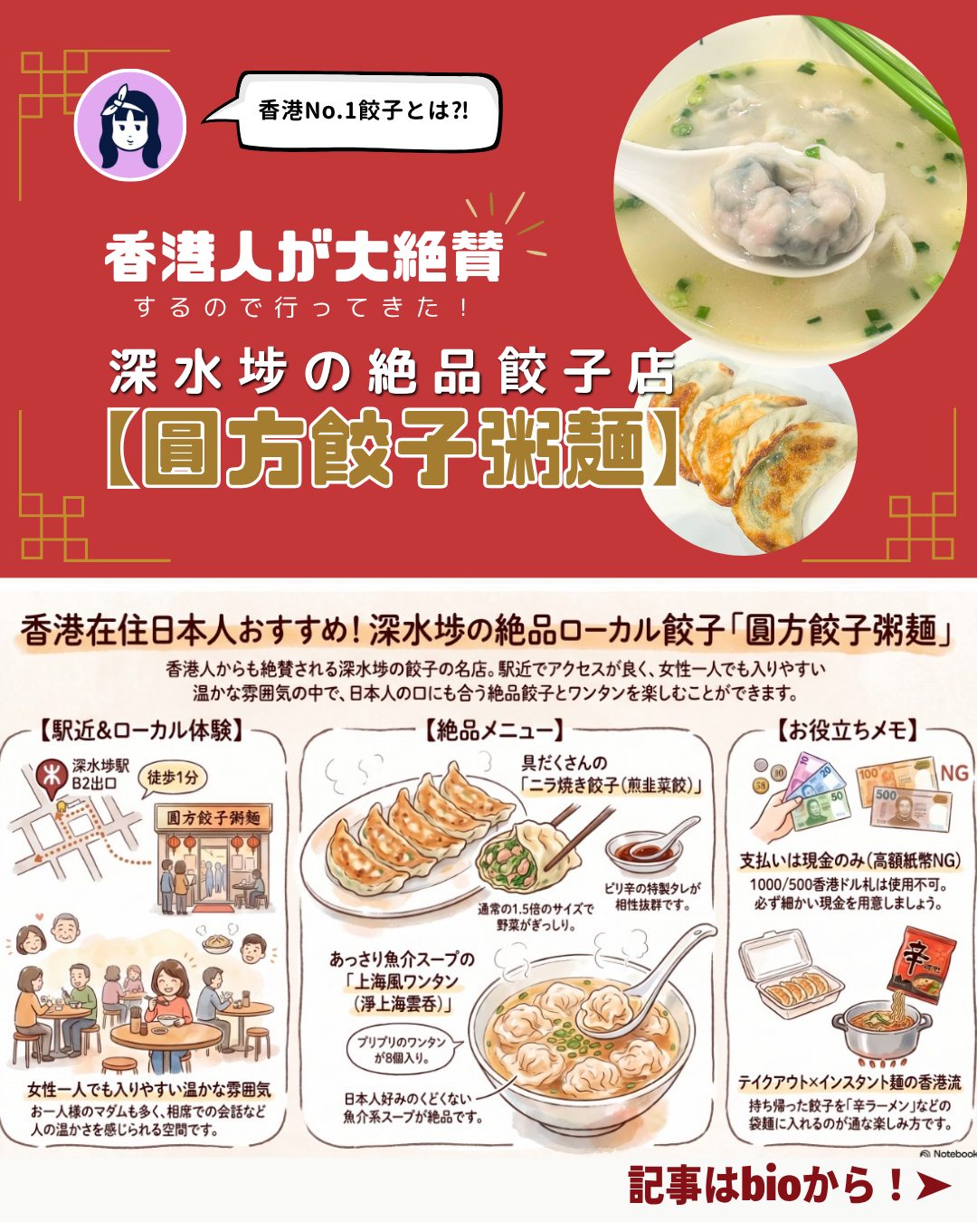駅近でローカル感満点🥟✨深水埗「圓方餃子粥麺」で味わう香港の温かさ !
焼き餃子もワンタンスープも絶品。人気の秘密や相席で感じる香港の人情まで🍜💛
🥢 実食レビュー
淨上海雲吞
魚介系あっさりスープ+脂の旨み。プリップリのワンタンが8個入りで35HKD。
煎韭菜餃
大きめサイズの焼き餃子。ピリ辛ソースがクセになる味。22HKD。
🛍️ 人気の秘密
テイクアウト文化
餃子をまとめ買いして朝食や夜食に。インスタント麺に入れて食べるのも香港スタイル。
👥 お店の雰囲気
相席の温かさ
約30席のローカル店。女性ひとりでも入りやすく、自然に会話が生まれる空間。
支払い注意
現金のみ。1000HKDや500HKDの高額紙幣は不可。細かい現金を準備して。
👉 続きは My Hong Kong で公開中!
https://my-hkg.com/
🔗 Bioにもリンクがあります。
#HongKong #香港 #MyHongKong #迷香港 #香港ライフ